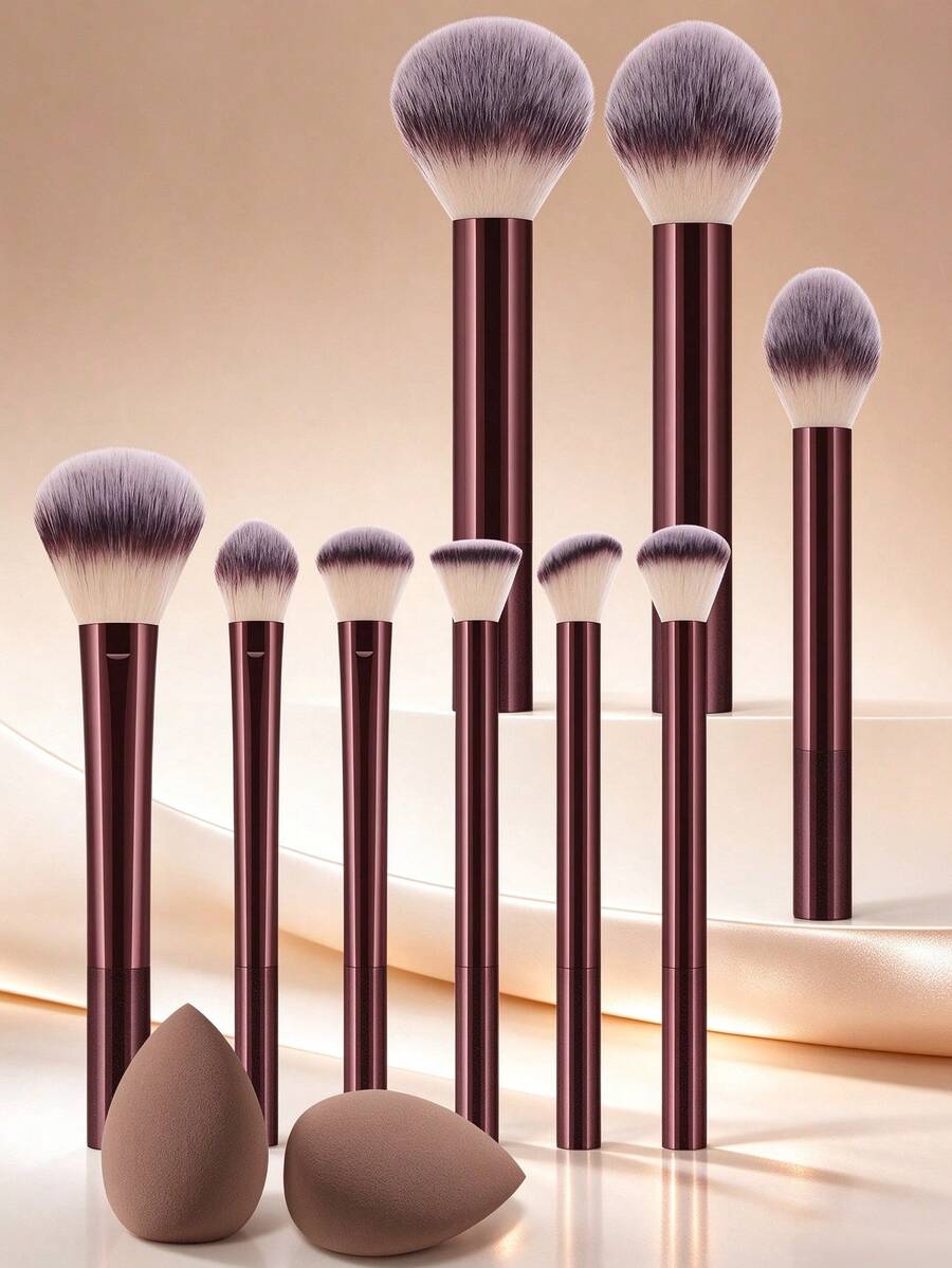 11pcs Makeup Tool Set, Includes 9 High-Quality Synthetic Fiber Makeup Brushes (Suitable For Foundation, Blush, Contour, Eyeshadow, Detail Makeup) And 2 Soft Makeup Sponges, Multi-Functional Makeup Application Tool Set For Liquid, Powder And Cream Makeup, Daily Facial Makeup Accessories - Multicolor - View 1
