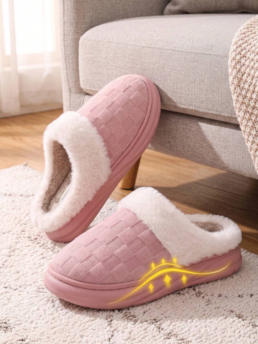 CYFMYD Winter Women's Arch Support Slippers With EVA Thick Sole Checkerboard Design Knitted Fabric Soft Comfortable Non Slip Home Shoes - Pink - View 1