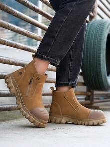 New Men's Work Safety Shoes, Steel Toe Anti-Crush, Anti-Puncture Work Shoes, Slip-On Safety Boots, Mid-Top Work Shoes, Essential Labor Protection Shoes For Outdoor Work, Suitable For Construction Sites, Building, Hiking - Ginger - View 4