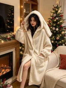 1PC Women Solid Color Hooded Bathrobe With Adorable Rabbit Ears, Simple Stylish Plush Wrap Robe, Ultra‑Soft Cozy Plush Fabric, Loose Relaxed Fit For Fall & Winter, Great For Indoor Daily, Casual Outings & Christmas Party, Nice Holiday Gift Choice - Multicolor - View 9