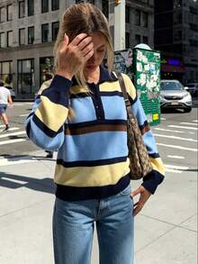 Sweater Pullover Rajut Wanita Kerah Polo Kancing Colorblock Musim Gugur/Dingin, Atasan Lengan Panjang Longgar Gaya Kasual Santai Preppy - Biru - View 6