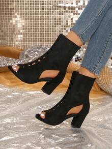Women's High Heel Sandals, Casual Hollow Out Open Toe Peep-Toe Shoes - Black - View 1