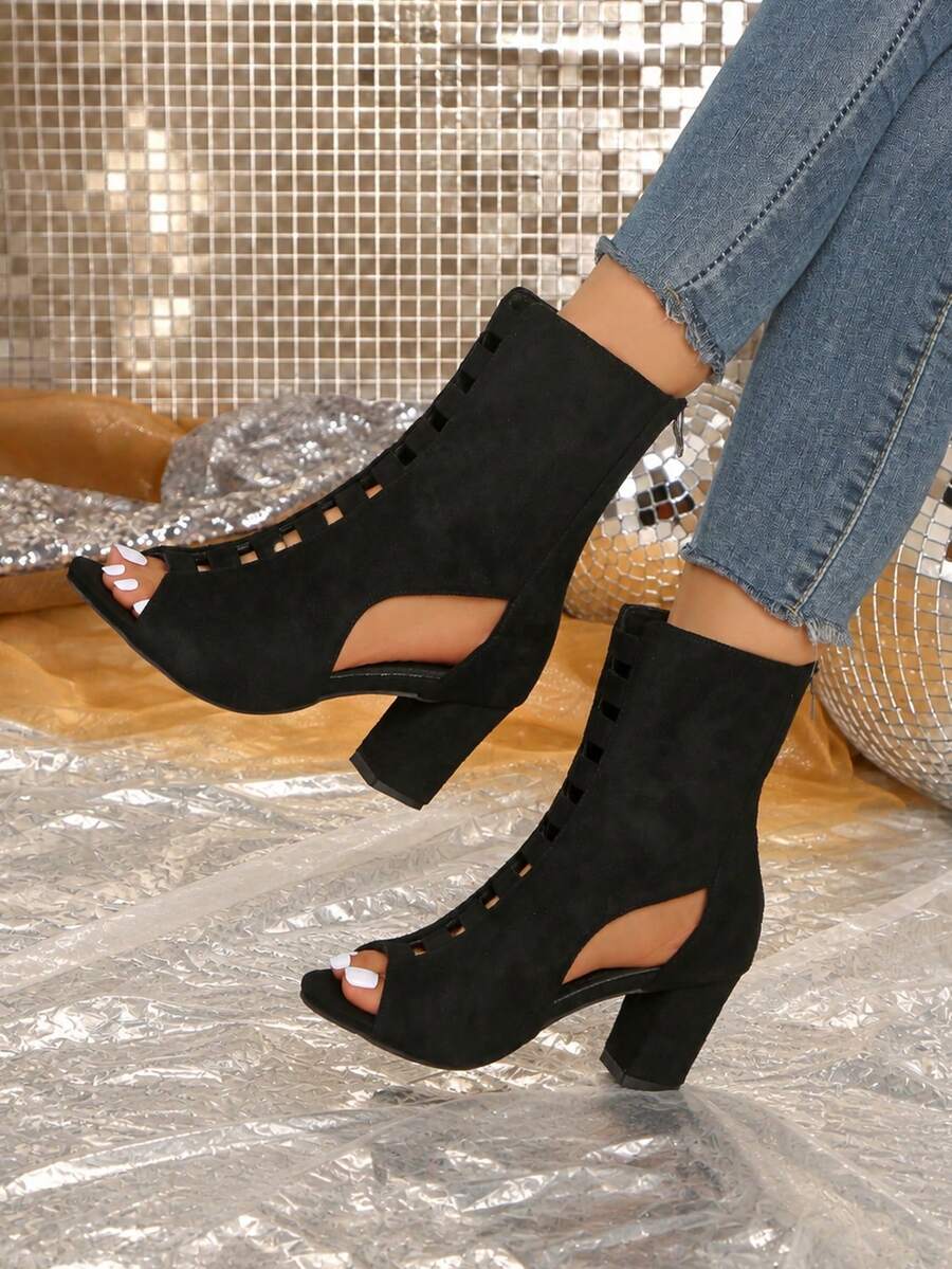 Women's High Heel Sandals, Casual Hollow Out Open Toe Peep-Toe Shoes - Black - View 1
