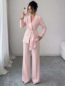 20-35 Years Old Women Spring/Autumn Commute & Date Pink Satin Patchwork Collar Design Blazer Suit Set, High Waist Wide Leg Pants Slimming Luxury French Elegant - Pink - View 5