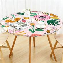 1pc Floral Line Round Tablecloth, Elastic Edge, Soft And Wrinkle-Resistant, Suitable For Round Dining Table, Outdoor Restaurant Decor And Outdoor Party, Kitchen, Baking, Outdoor Decor, Outdoor Patio, Breakfast, Brunch And Party Decor - Multicolor - View 4