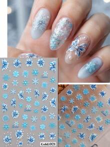 1pc 5D Embossed Winter Ice Blue Snowflake & Floral Theme Nail Stickers, Holiday Gift, Nail Artist Supplies, Suitable For Winter Daily, Christmas, New Year Party - Multicolor - View 6