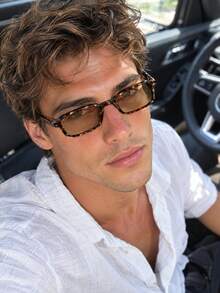 1pc European & American Fashion Street Style High-End Square Narrow Frame Fashion Glasses With Rivet Decor, Men's Retro Versatile Outdoor Driving Fashion Glasses, Classic Tortoise Shell Pattern With Metal Trim - Multicolor - View 4