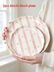 2Pcs 6"+8" Hand Painted Stripe & Polka Dot Ceramic Plates, Irregular Wavy Edge Dinner Dessert Plate, Ins Style Serving Tray For Breakfast Fruit Cake - Multicolor - View 14