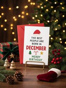 1pc Christmas December Birthday Greeting Card, The Best People Are Born In December Blessing Card, Christmas Theme Happy Birthday Card With Red Envelope, Christmas Birthday Blessing Card For Friends And Family Born In December - Multicolor - View 2