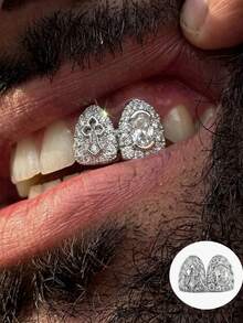 1pc Personalized Double Layer Hollow Cross Full Rhinestone Grillz Hip Hop Retro Eye Style Cubic Zirconia Teeth Grill Unisex Shiny Decorative - Gold - View 2