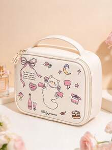 Cute Printed Makeup Bag, Standing Large Capacity Handheld Toiletry Bag With Compartments, Dedicated Brush Slots, Mesh Pockets For Easy Visibility, Portable Travel Business Trip Daily Makeup Organizer, Multi-Functional Storage - Multicolor - View 8