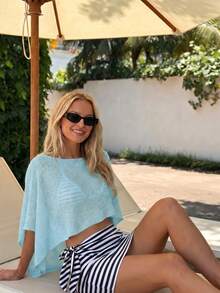 (Lightweight) Women's Sexy Knit Sleeveless Cropped Sheer Cover Up, Suitable For Spring/Summer Casual Commute Vacation Beach - Baby Blue - View 5