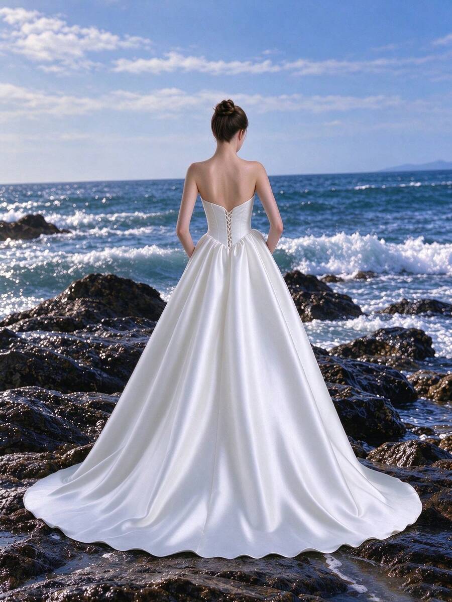 Strapless Heart-Shaped Neckline Satin Flowing Elegant Romantic Modern Chapel Train A-Line White Wedding Dress, Suitable For Beach, Church, Graduation, Prom, Cocktail Party, Outdoor Wedding And Other Occasions