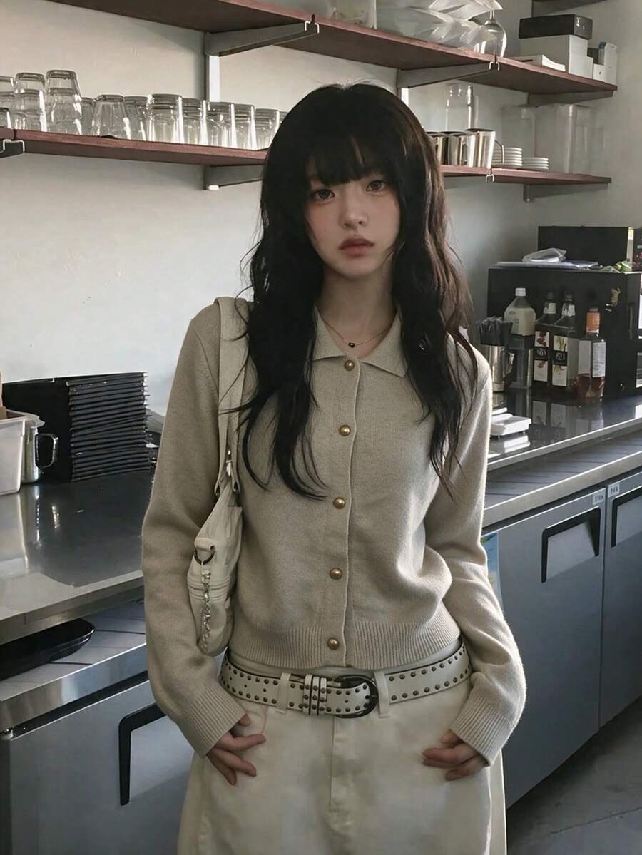 Korean Style Solid Color Collared Long Sleeve Knit Cardigan Women's Winter Loose Sweater Jacket Gentle Style Versatile Top - Apricot - View 1