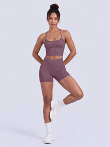 NcmRyu Women's Halter Back Yoga Naked-Feel Booty Gym Casual Sportswear Set - Purple - View 10