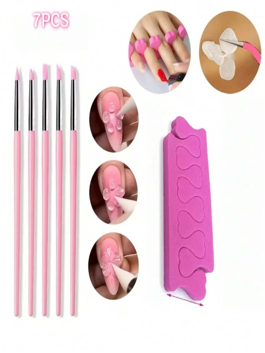 7Pcs Nail Art Carving Tool Set, Including Nail Brushes, Finger Separator, For 3D Nail Carving Design - Pink - View 1