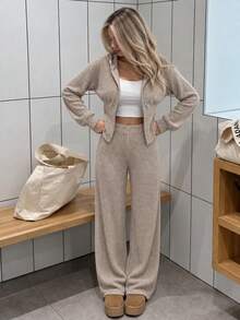 Women's Loose Ribbed Hooded Long Sleeved Top And Wide Leg Pants Two Pieces Set For Autumn And Winter, Suitable For Casual Wear And Daily Commuting. - Light Apricot - View 7