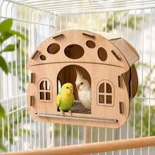 Mushroom-Shaped Wooden Bird House With Pull-Out Mesh Tray, Ventilated Parrot Hideout Nesting Shelter, Suitable For Lovebirds, Cockatiels, Small Parrots, Indoor Bird Cage Accessory - A - View 1