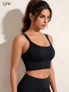 1pc Women's Sports Casual Thin Padded Wireless Bra, Double Shoulder Strap Criss-Cross Back Design - Black - View 7