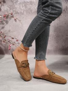 Square Toe Loafers, Elegant Comfortable Flat Shoes With Metal Square Buckle Decor, Slip-On Low Vamp Work Shoes, New Autumn/Spring Slip-On Flat Shoes - Brown - View 5