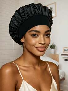 1pc Women's Solid Color Wide Brim Elastic Satin Sleep Cap, Fashionable Sleep Bonnet, Comfortable & Breathable, Suitable For Daily Hair Care - Little Hat 1Pcs - View 14