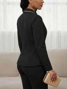 Women's Fashionable Black Double-Breasted Blazer, Button Detail Design, Long Sleeve Regular Fit Polyester Jacket, Perfect For Creating Elegant Guest Looks Or Casual Outings. - Black - View 3