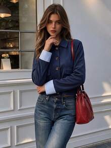 Women Fall Elegant Navy Blue Cropped Jacket, Collared Button Front Contrast Striped Cuff Placket Pocket Outerwear, Office Daily Holiday Festival Coat - Navy Blue - View 9