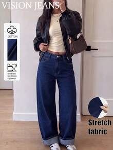 Women's Medium Stretch Washed Straight Leg Jeans, Casual Long Y2K Style Pants - Dark Wash - View 1
