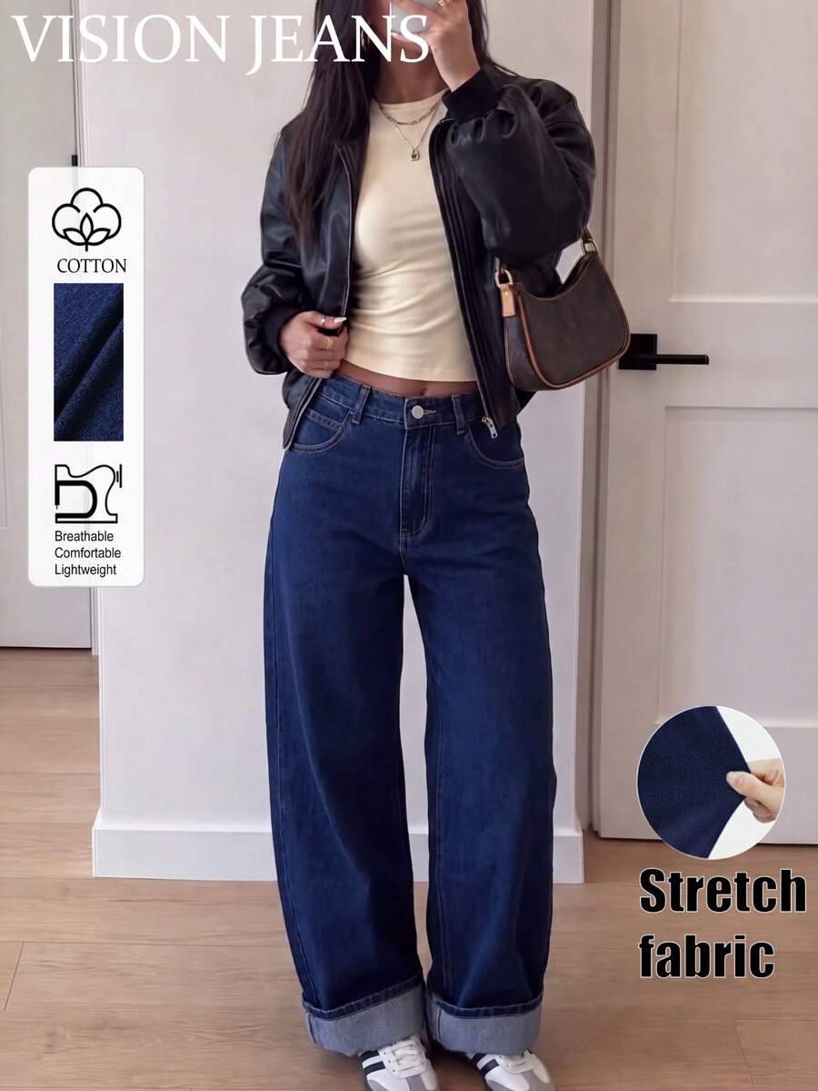 Women's Medium Stretch Washed Straight Leg Jeans, Casual Long Y2K Style Pants - Dark Wash - View 1