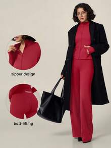 TimeOff Women's One Set Autumn/Winter Solid Color Small Stand Collar Zipper Jacket With Thumb Holes And Side Pockets, Flared Pants - Red - View 10