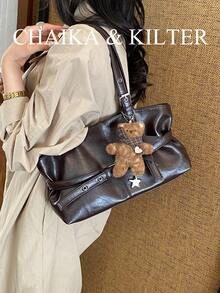 CHAIKA & KILTER 1件裝純色PU布料托特包 女款復古時尚單肩托特包 雙手把設計 拉鍊開合 飾帶裝飾 適合日常與外出使用（附吊飾） - 咖啡 - 查看 9