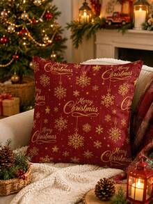 Christmas Table Runner, Pillow Case, Placemat, Red Gold Foil Snowflake Merry Christmas Letter Print, Winter New Year Party Dining Table Decor, Home Holiday Decoration - Multicolor - View 8