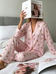 Nina Bonheur 2pcs/Set Women's Loose Comfortable Breathable Long Sleeve Top + Long Pants Cute Pajama Set - Pink - View 3