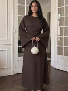 1pc Set (Excluding Headscarf) Elegant Drawstring Fashion Abaya Modest Long Dress, Skin-Friendly Comfortable For Party, Wedding, Ramadan - Brown - View 5