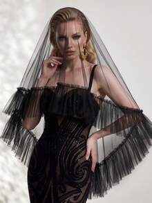 1pc Black Mesh Ruched Blusher Bridal Veil With Hair Comb, For Wedding, Bachelorette Party, Halloween Costume Headpiece - Black - View 5