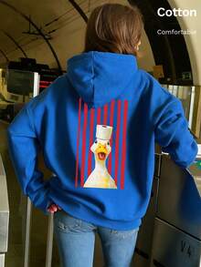 Autumn Casual Lightweight Hooded Sweatshirt, Duck Print With Vertical Stripes, Y2K Minimalist Style - Multi-blue 1 - View 7