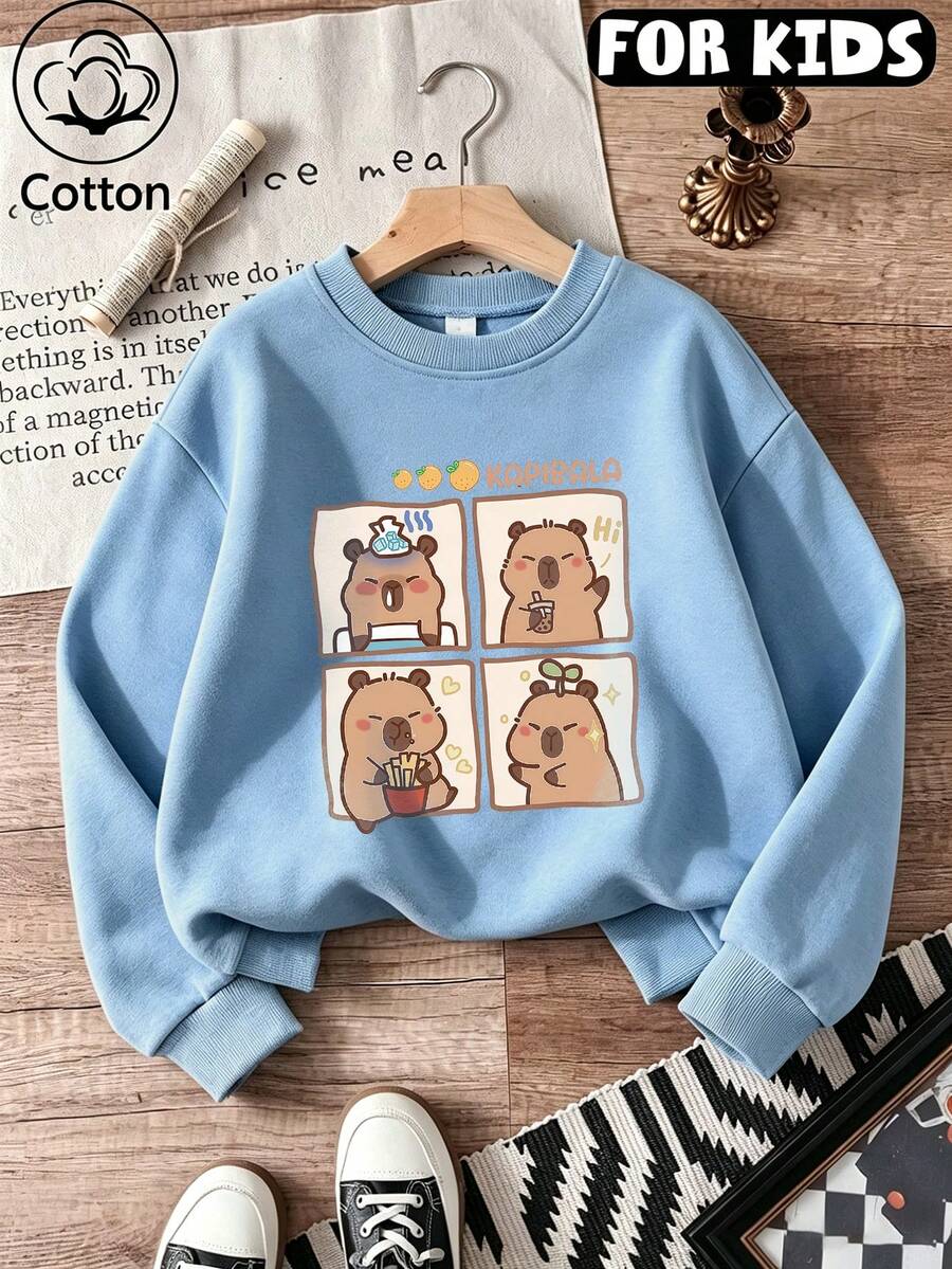 Kids Crew Neck Sweatshirt, Kapibala Cartoon Capybara Four Grid Panel Graphic Print Soft Cotton Pullover For Kids - Denim Blue - View 1