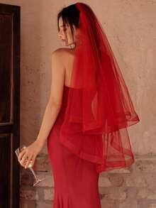 1Pc Vintage Red Double-Layer Ribbon Trim Veil, Sheer Tulle With Hair Comb, Red Veil For Chinese Wedding, Halloween & Bridal Portrait Shoot - Multicolor - View 2