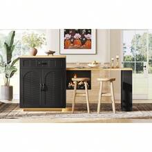 Extendable Kitchen Island With Dining Table, Multifunctional Storage Cabinet With Drawers,, Wine Rack, Kitchen & Dining Room - Black + MDF - View 7