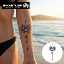 INKARTLINK 1PC Symmetrical Lotus & Diamond Temporary Tattoo Sticker, Waterproof Body Art Tattoo Sticker, Lasts 2-5 Days, Water Transfer Color Tattoo Sticker, Suitable For Men & Women, Essential For People, Party Essential Decoration, Holiday Celebration Body Decoration - Black - View 8