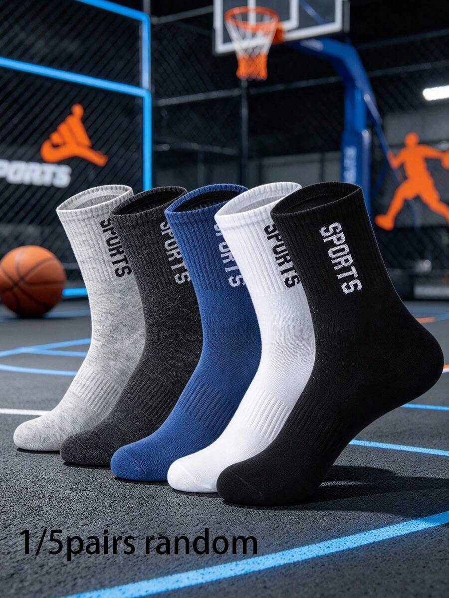 Men's Mid-Calf Socks With 1/5 Random Pairs, Sporty And Casual Style, Suitable For Outings Or Sports - Multicolor - View 1