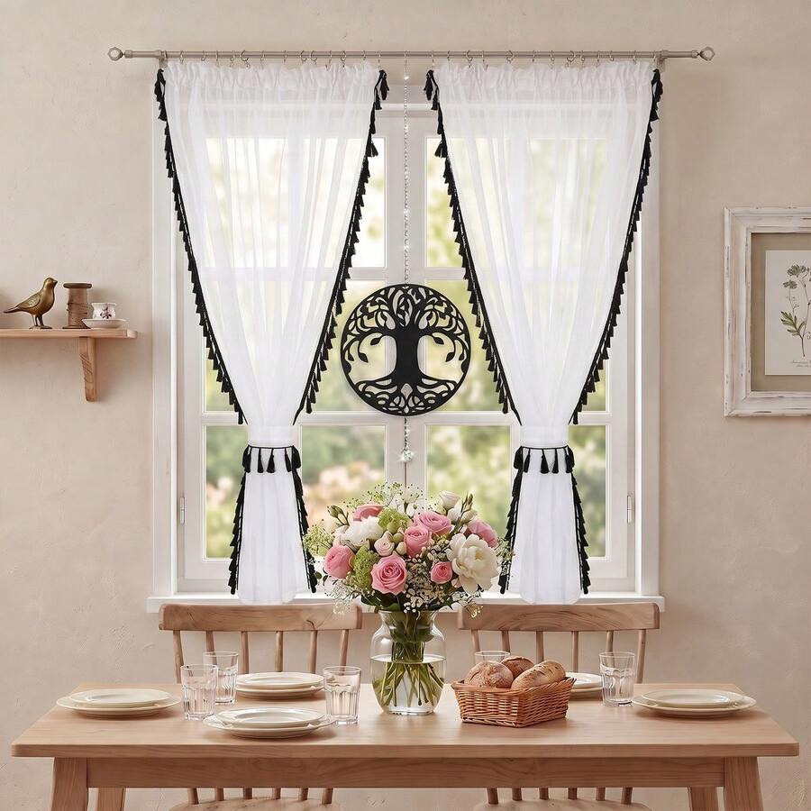 FLYINGCURTAINS Tassel Edge White Sheer Window Curtains, Rod Pocket Light Filtering Drapes With Tiebacks For Kitchen Bedroom - Multicolor - View 1