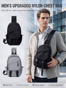 BEIQIANDAI Unisex Casual Nylon Crossbody Bag, Adjustable Shoulder Strap, USB Port, Multi-Compartment Solid Color Chest Bag, Suitable For Daily Shopping, Wallet Storage, Perfect For Office, Campus, Work, Business Travel, Commuting, Outdoor Activities, Travel And Hiking - Upgraded Version - View 1