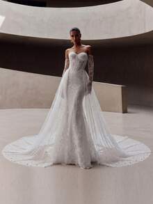 Pearl Tulle Wedding Train Skirt Long Detachable Bridal Overskirt Cathedral Veil Half Skirt For Bride Backless Wedding Dress Accessory - Off White - View 4