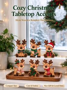 1 Set 6pcs Wooden Christmas Tabletop Decor, Cute Reindeer Decoration, Suitable For Holiday Party, Home Fireplace Decoration, Christmas Gift Decoration - Multicolor - View 4