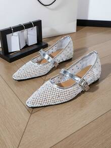 Silver Mesh Rhinestone Pointed Toe Flat Pumps For Women, Bowknot Low Vamp Breathable Evening Party Shoes With Pure Metal Rhinestones - Silver - View 10