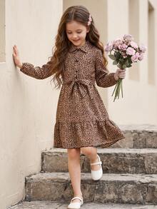 Girls' Comfortable Leopard Print Collared Button-Up Belted Mid-Length Dress, Stylish Outdoor Casual Chic Outfit For Tween Girls - Brown - View 2