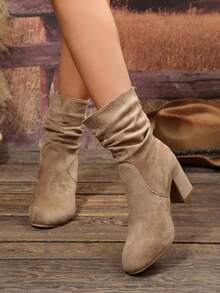Women's Western Style Ruched Ankle Boots, Faux Suede Wrinkled Shaft Round Toe Chunky Heel Boots, Vintage Autumn/Winter Fashion High Heel Boots - Apricot - View 5