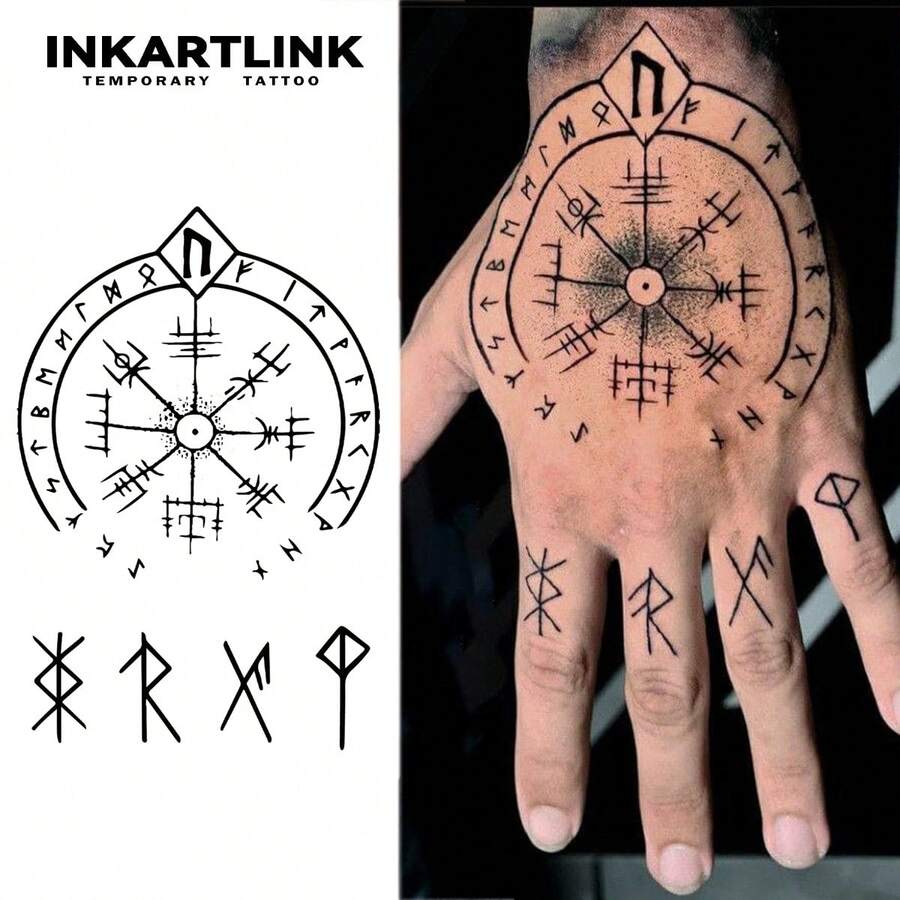 INKARTLINK 1PC Viking Rune Compass Tattoo Sticker, Temporary Waterproof Body Art Tattoo Sticker, Lasts 2-5 Days, Water Transfer Color Tattoo Sticker, Suitable For Men And Women, Essential For People, Party Essential Decoration, Holiday Celebration Body Decoration