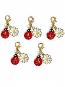 5pcs Exquisite Lucky Ladybug Daisy Keychain Pendant Set, Alloy Cartoon Insect Bag Charm Key Ring, Phone Case Pendant - Multicolor - View 3